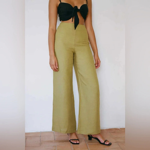 arkitaip Clara Flared Linen Trousers Willow Green High Rise 100% Belgian Linen - Picture 1 of 10